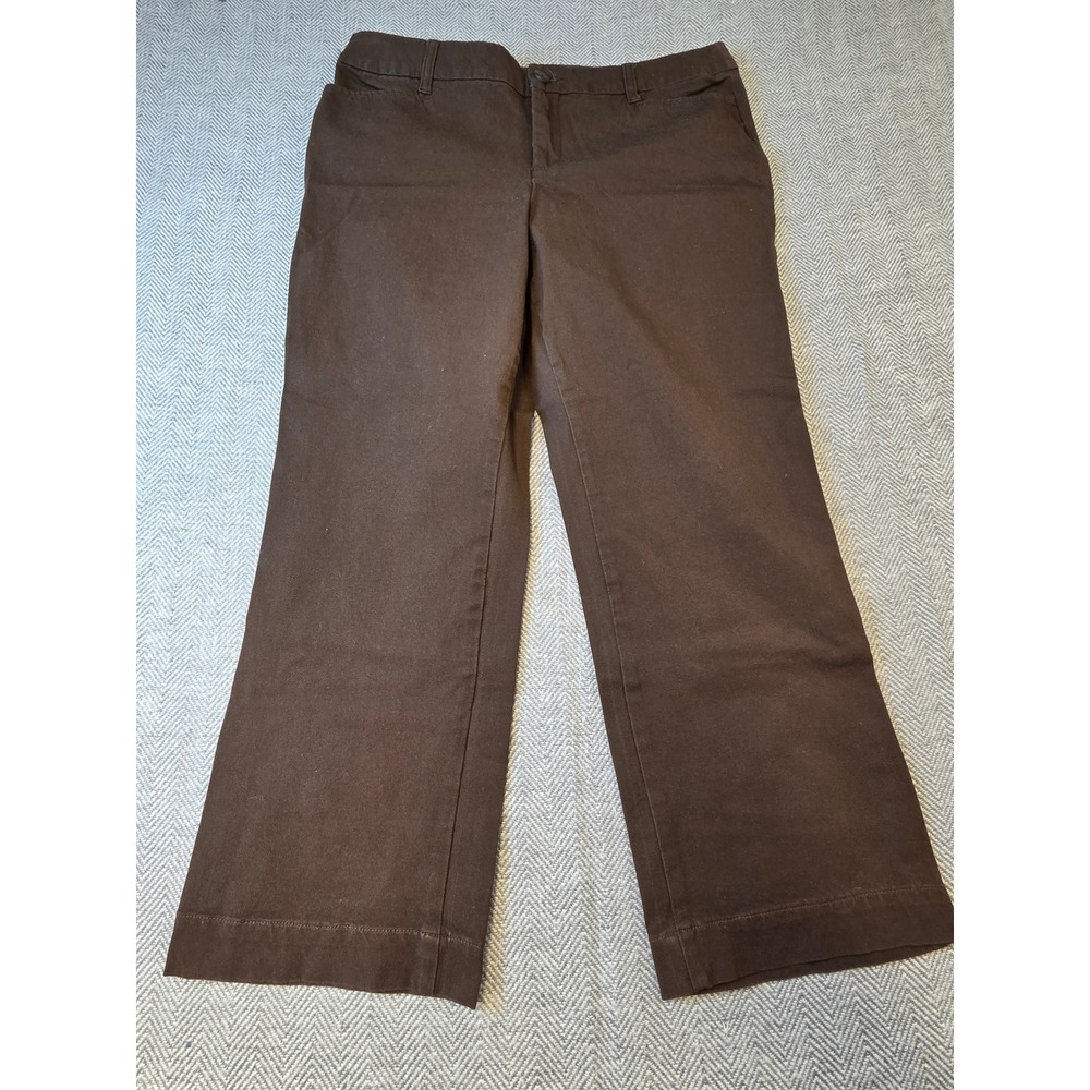 St Johns Bay Pants Women 14 Brown Cotton Stretch Classic Flat Front Straight Leg
